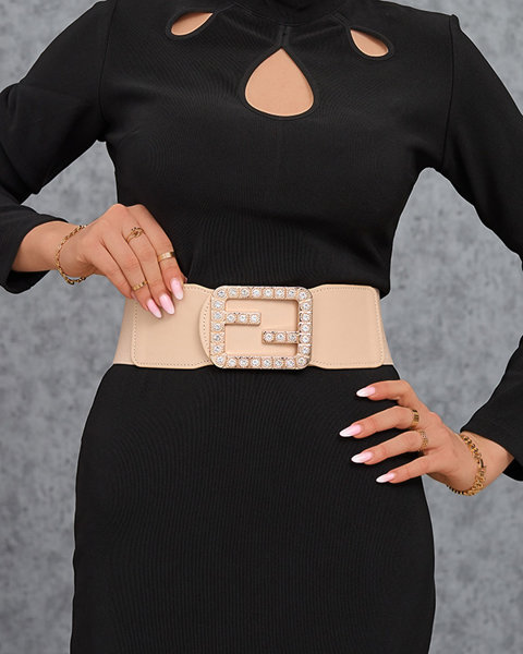 Beige Women's Wide Elastic Belt with Cubic Zirconia - Accessories