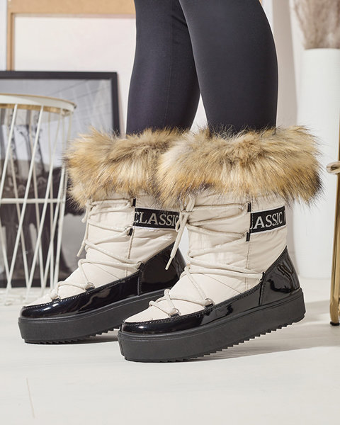 Black and beige women's slip-on snow boots with fur Lilitsa- Footwear
