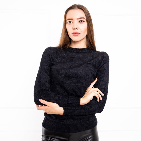 Black fur women's sweater with a stand-up collar - Clothing