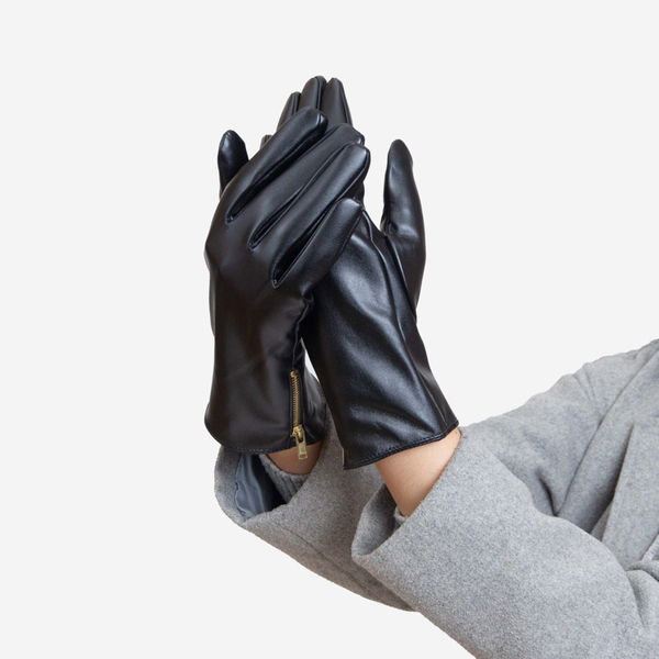 Black women's eco-leather gloves with decorative zipper - Accessories