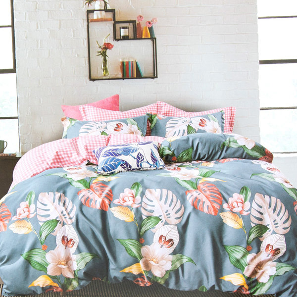 Blue - green bedding with flowers 200x220 3-PIECE set - Bed linen