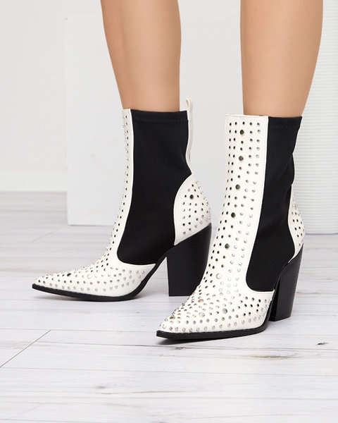 OUTLET White cowboy boots on a higher post with rhinestones Ricci- Footwear