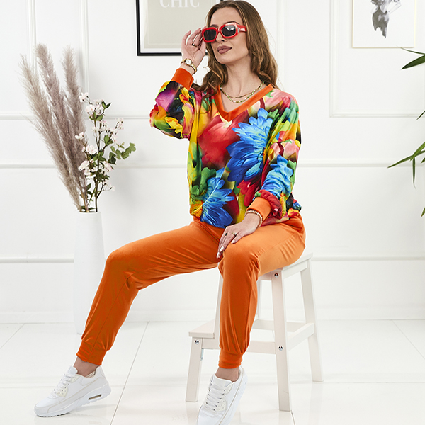 Orange women's velour sweatshirt set with colorful print- Clothing