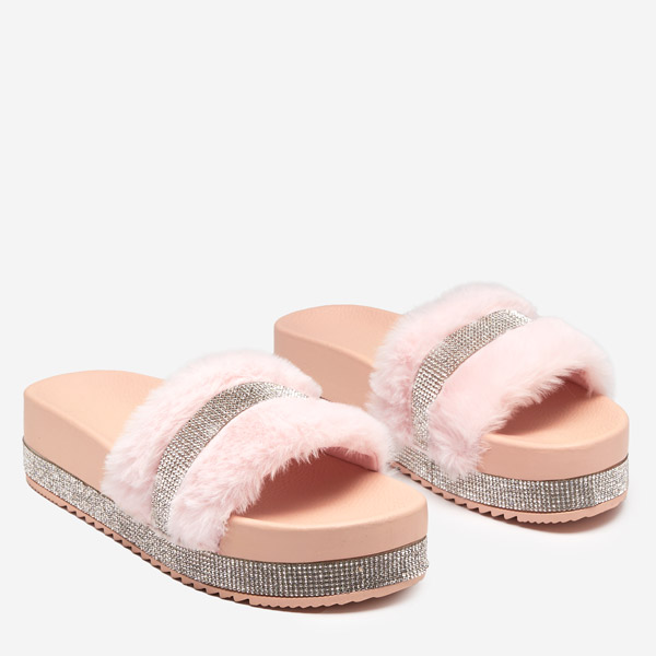 Pink women's slippers with fur and cubic zirconia Zerika - Footwear