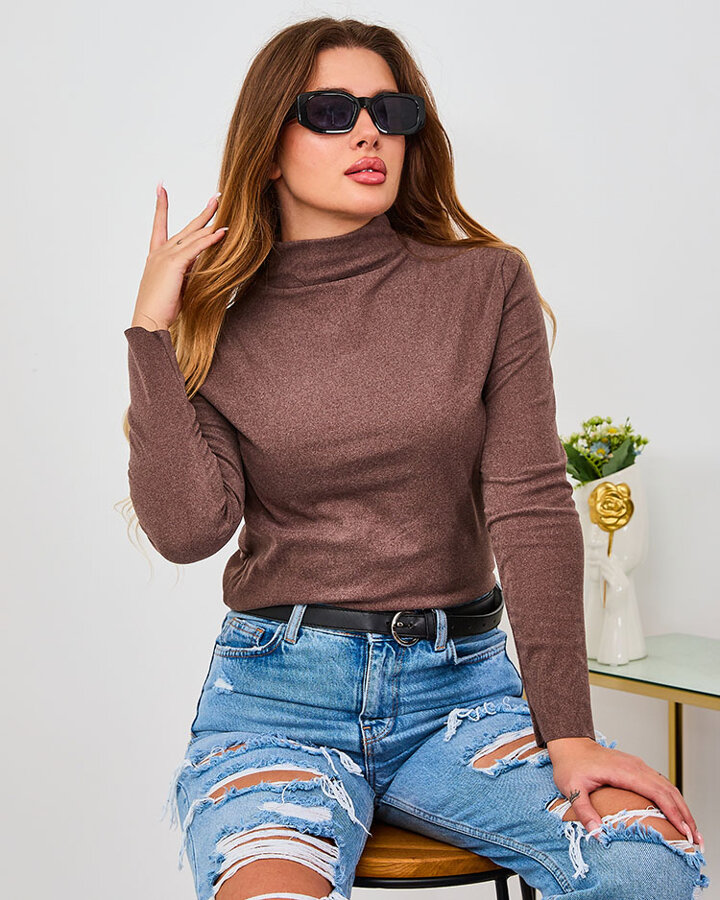 Women's turtleneck sweater in dark brown color - Clothing