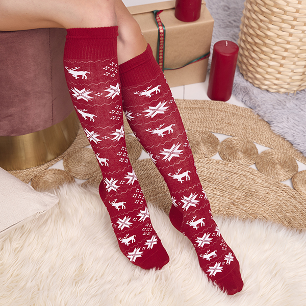Women's Maroon Long Christmas Socks - Underwear