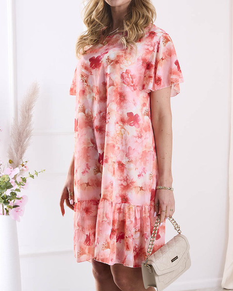 Women's knee-length dress with print and frill in orange- Clothing