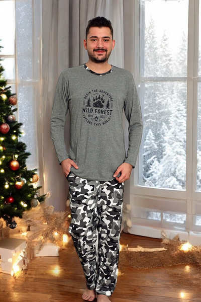 Navy blue men's pajamas with checked trousers - Clothing