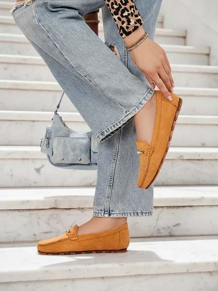 Camel Aurelia Women's Suede Moccasins with Decoration - Comfort and Style on a Flat Heel