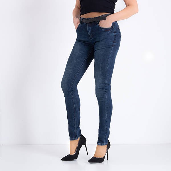 Navy blue women's denim jeans with belt - Clothing