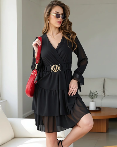 Royalfashion Women's mini dress with frills and wrap neckline