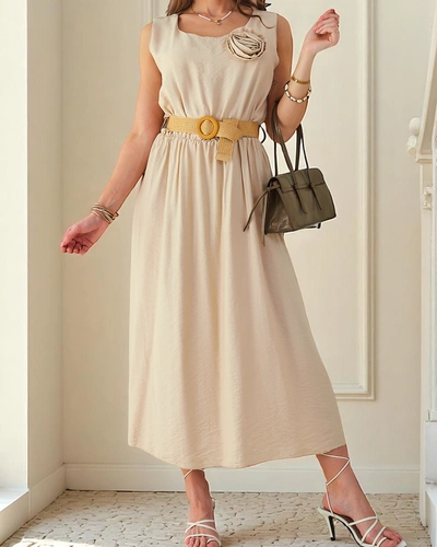 Royalfashion Women's midi dress with straps, featuring a round neckline with decorative flower