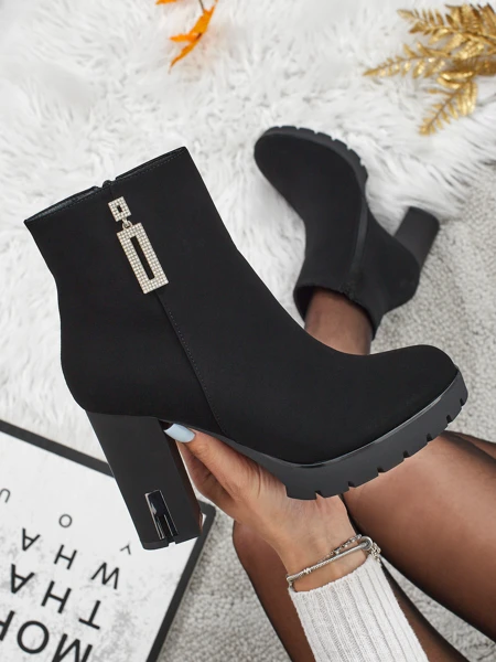 Women's Matte Block Heel Ankle Boots with Rhinestone Decoration Ardine