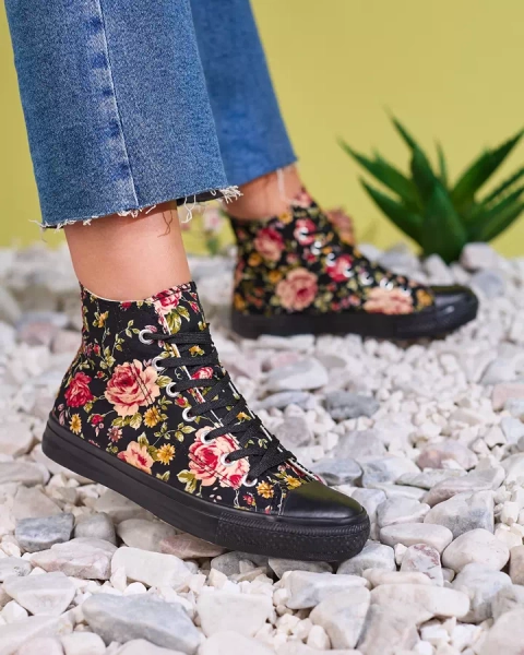 Royalfashion Women's high black sneakers with Fahenna floral print