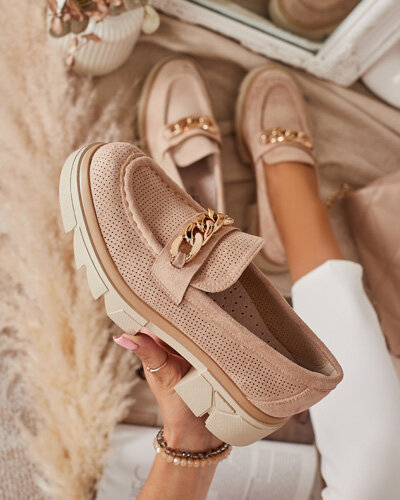 Eco-suede moccasins with gold decoration in light brown Zaffix- Footwear