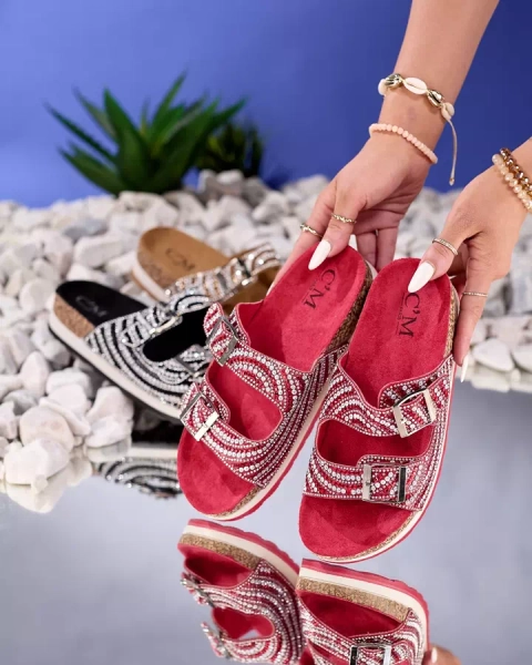 Women's slippers with cubic zirconia in red Lalud-Shoes