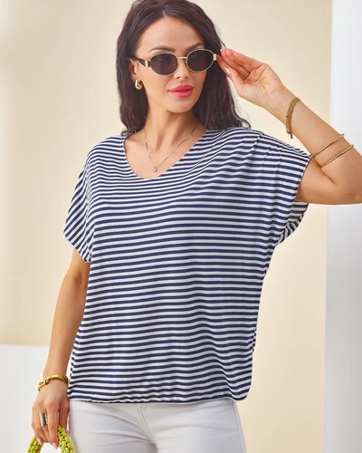 Royalfashion Women's viscose blouse with stripes, short sleeves, and glitter finish