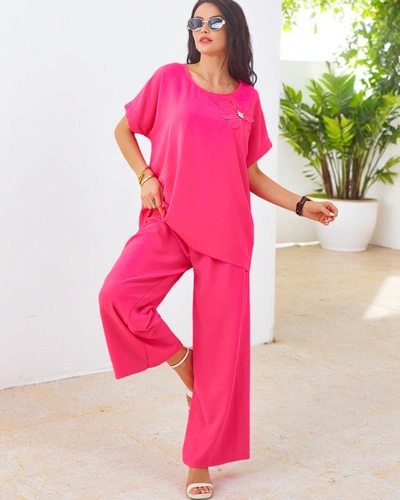 Royalfashion Women's set with short sleeves, decorative flower, and wide trousers