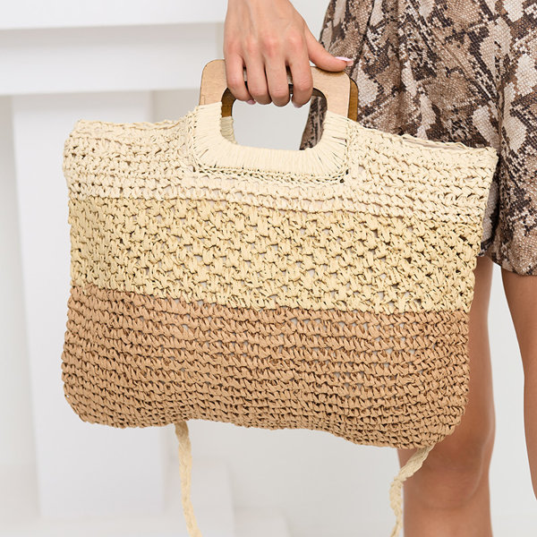 Beige straw large striped women's handbag - Accessories