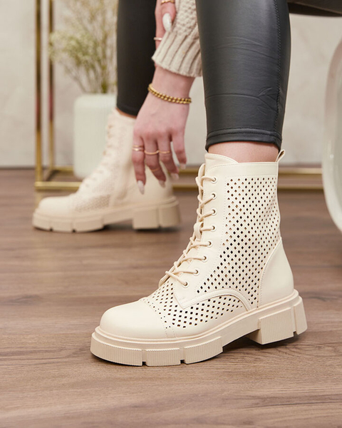 Openwork beige women's boots with flat heels Rolika - Footwear