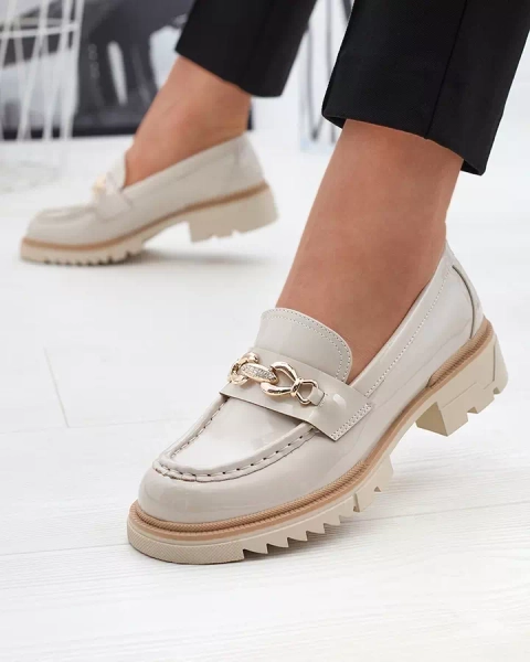 Beige lacquered women's moccasins with chain Sotella - Footwear