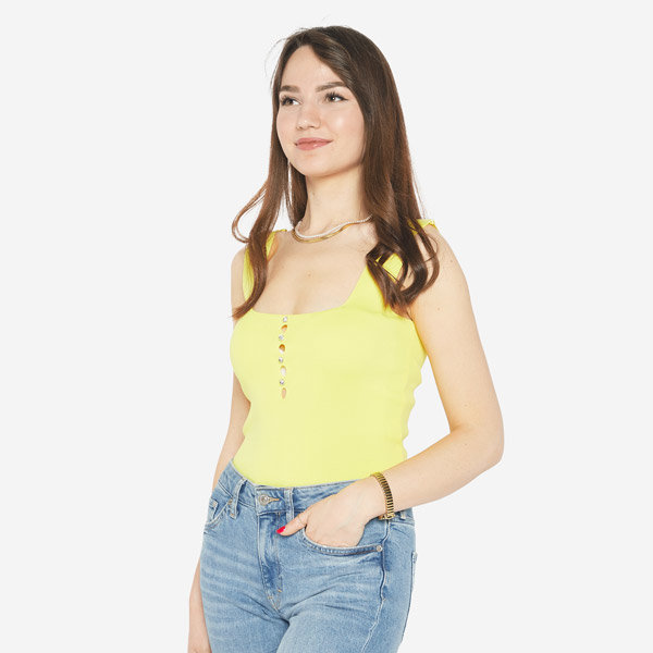Women's yellow top with cubic zirconia a'la buttons- Clothing