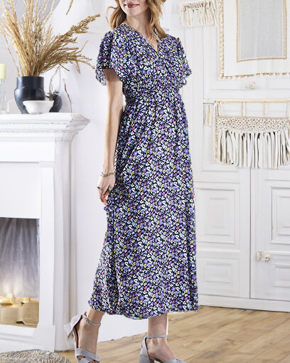 Women's black long dress with purple flowers - Clothing