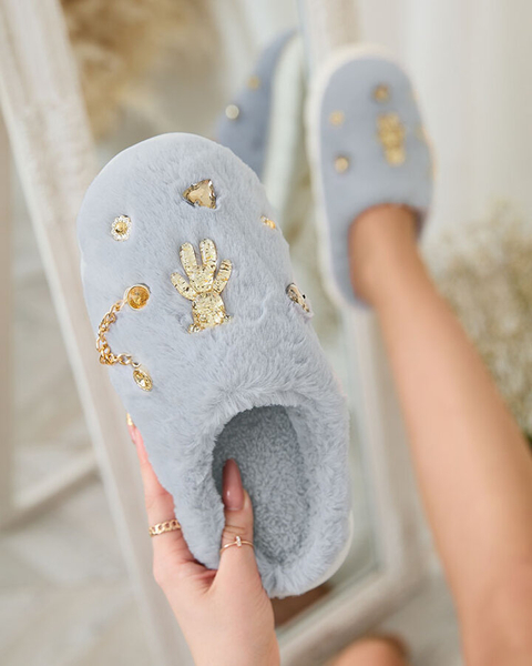 Royalfashion Blue women's fur slippers with ornaments Erserra