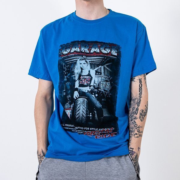 Blue cotton men's t-shirt with print and inscription - Clothing