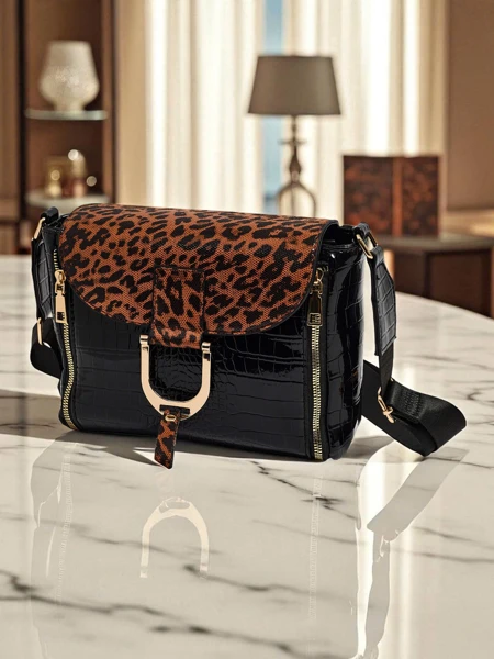 Athena Nero - stylish women's patent handbag with panther