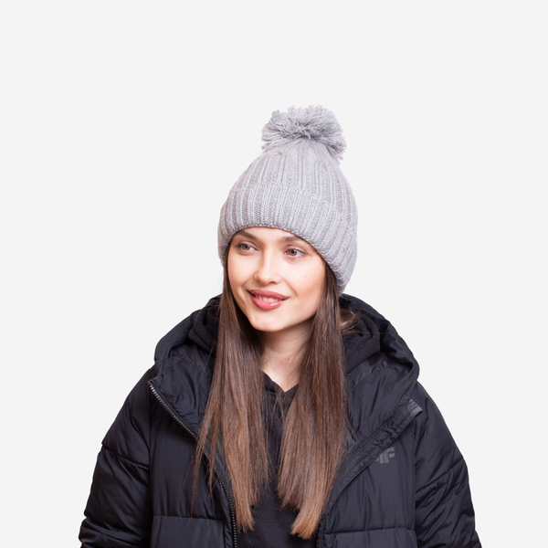 Grey women's insulated glossy beanie with pompom - Accessories