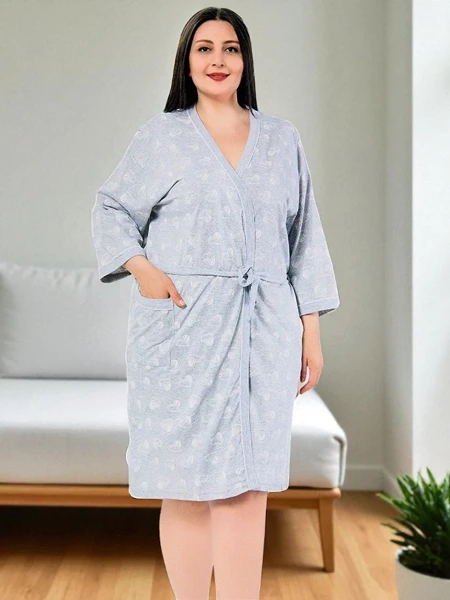 Light grey women's cotton robe with hearts PLUS SIZE - Clothing