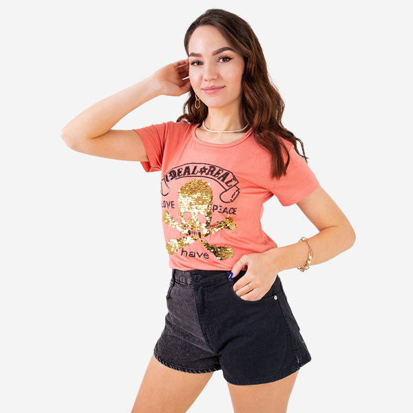 Orange women's sequin t-shirt with inscriptions - Clothing