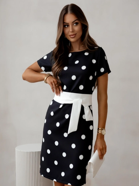 Royalfashion Women's knee-length dress with short sleeves and polka dot tie