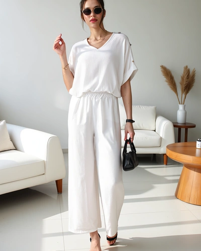 Royalfashion Women's casual set with a short-sleeve blouse and wide trousers