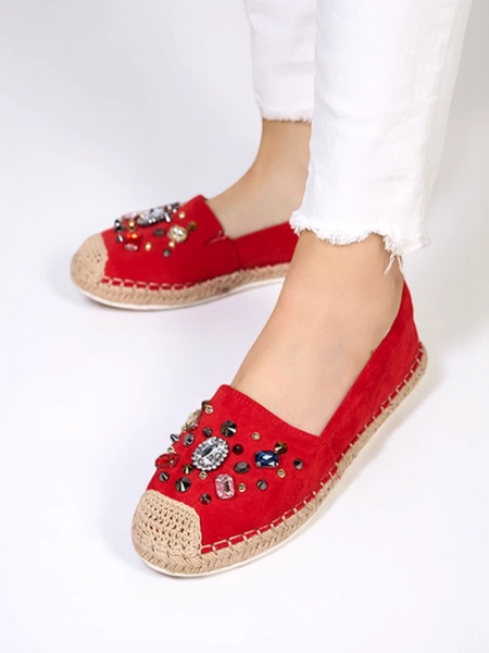 Red women's eco-suede espadrilles with cubic zirconias Mediros - Footwear