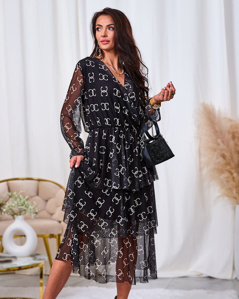 Royalfashion Black mesh midi dress with print