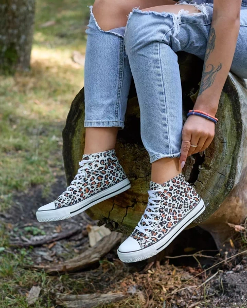 Royalfashion Beige Women's High Sneakers with Fashionable Pattern Jungle Jive