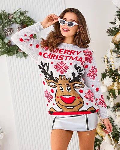 Royalfashion Gray Women's Christmas Sweater with Reindeer