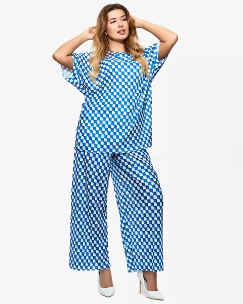 Blue women's pleated patterned set - Clothing