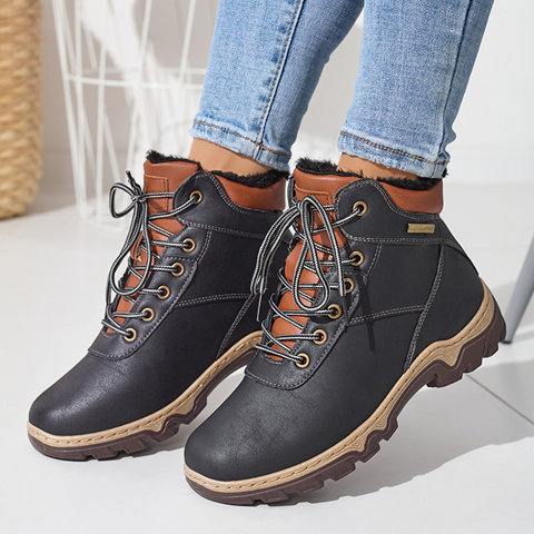Black women's hiking boots tied with Poritsu fur - Footwear