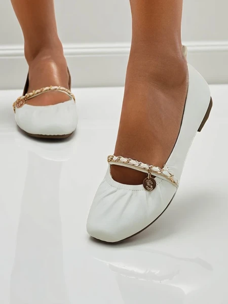 Callista women's white ballet flats with a chain - ecological leather, Italian classic