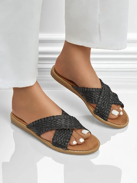 Calista Nero women's flat sandals, black braid, ecological leather