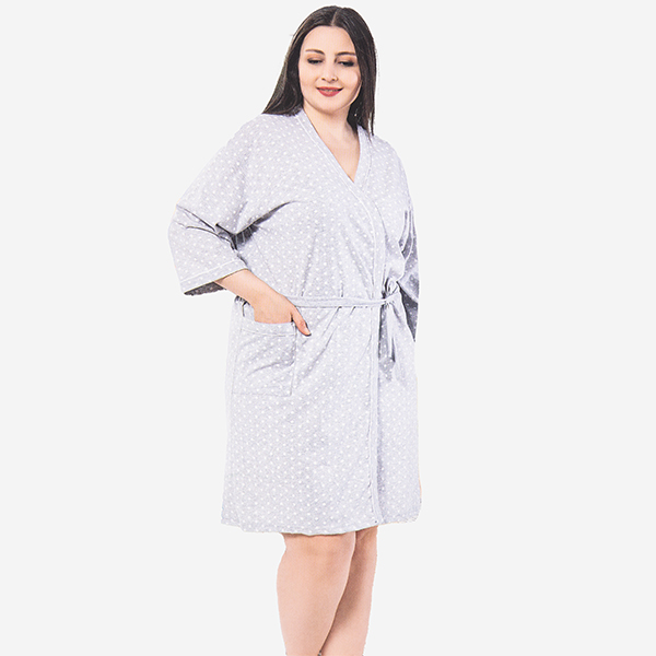 Light gray women's cotton bathrobe with polka dots PLUS SIZE - Clothing