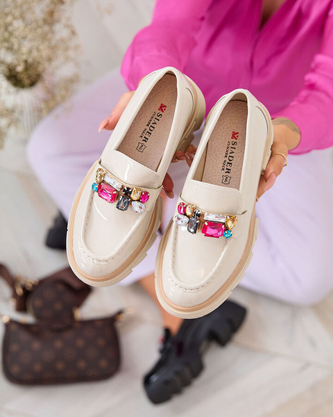Royalfashion Lacquered cream moccasins with colorful stones Sarin