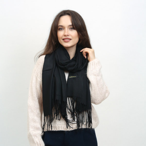 Black Women's Large Scarf with Tassels - Accessories