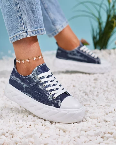 Royalfashion Navy blue women's denim sneakers with rubbed Nerolera