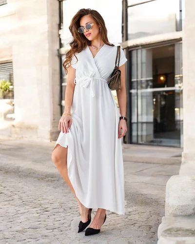 Royalfashion Women's midi dress with a wrap neckline, short sleeves, and a belt
