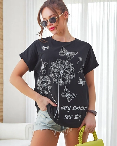 Royalfashion Women's cotton t-shirt with dandelions and a butterfly