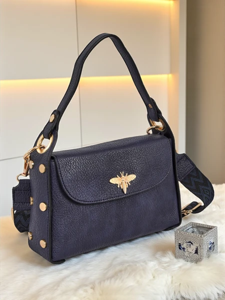 Melia Cielo Women's Handbag – Navy Blue Eco Leather with Bee Motif